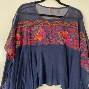 Free People Navy Blue Embroidered T-shirt